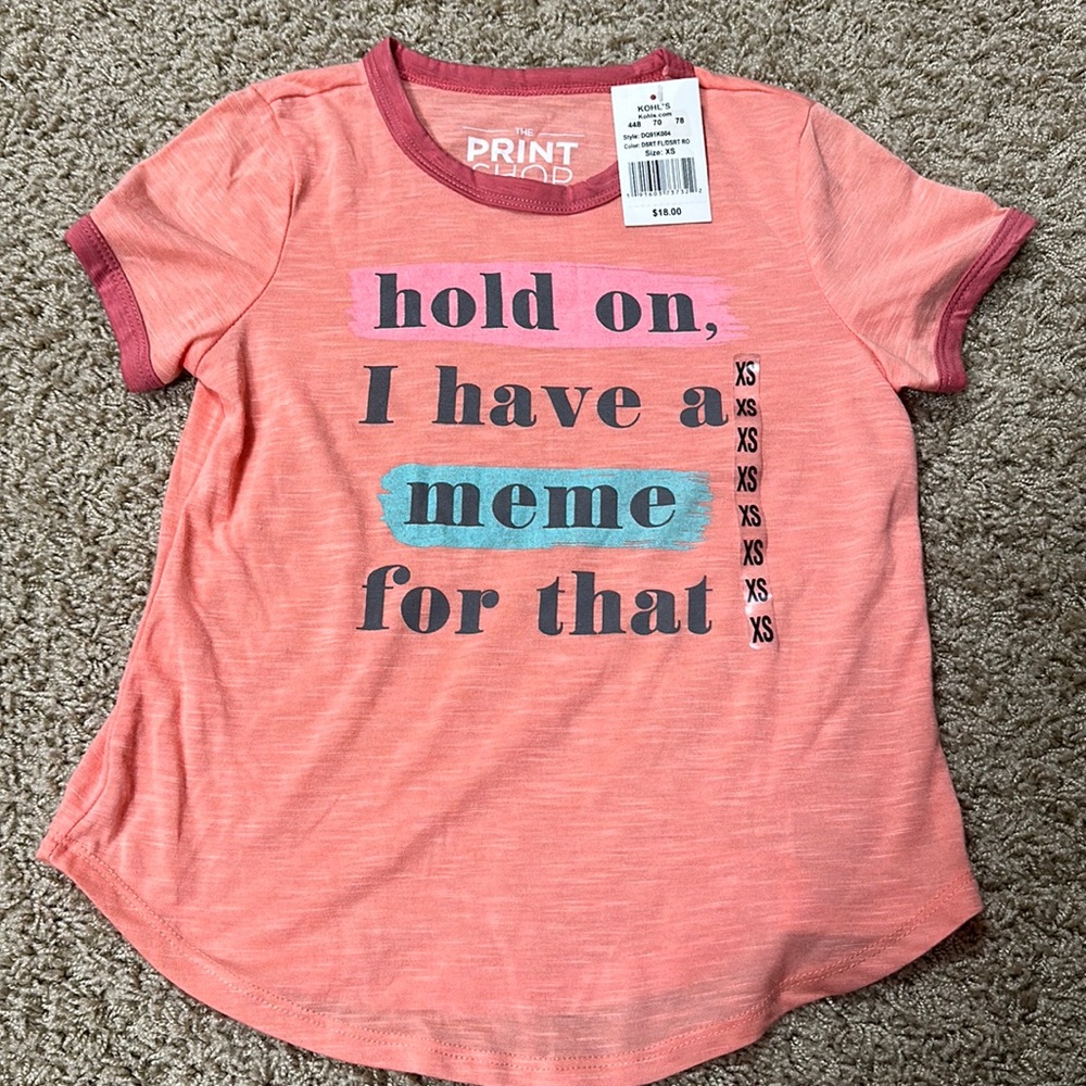 NWT Girls XS peach coral meme graphic print short sleeve t-shirt